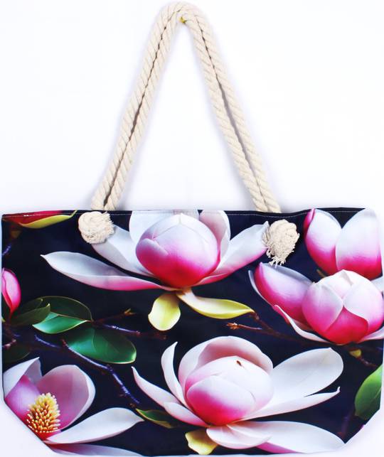 Magnolia design carry bag (55cm x 35cm high) with solid base, rope handles & zip top. Style: AL/5121.